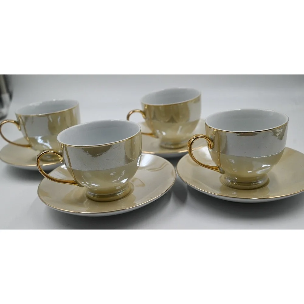 VTG I. Godinger Iridescent Luster Gold Trim Tea Cup and Saucer Set of 4 Cream
